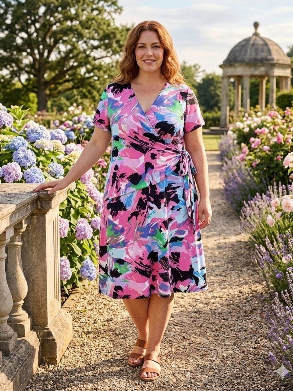 Elementz Woman 1X Faux Wrap Dress Pink Floral Abstract Watercolor Short Sleeve